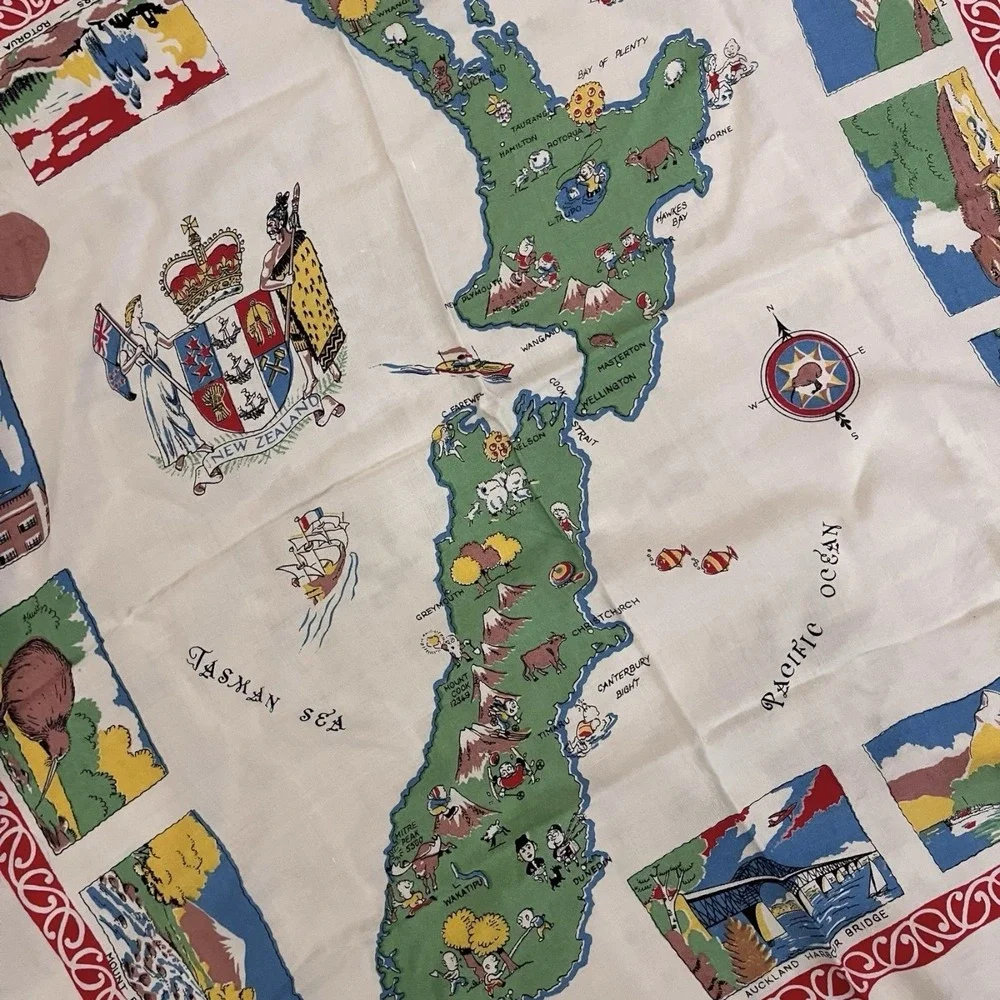 Map of New Zealand Fabric Pattern w/ Landmarks‎